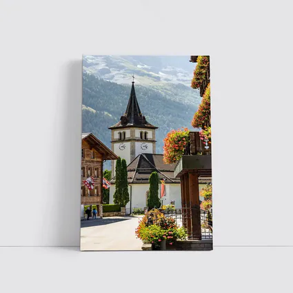 Alpine Village Church Tower Switzerland Mountains