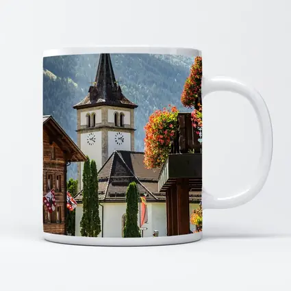 Alpine Village Church Tower Switzerland Mountains
