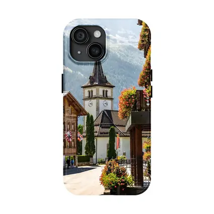 Alpine Village Church Tower Switzerland Mountains