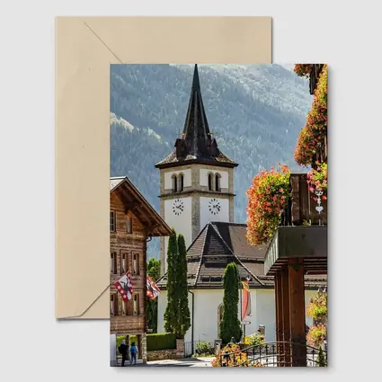 Alpine Village Church Tower Switzerland Mountains