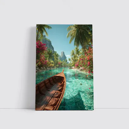 Wooden Boat Tropical Lagoon Palm Trees