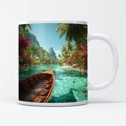 Wooden Boat Tropical Lagoon Palm Trees