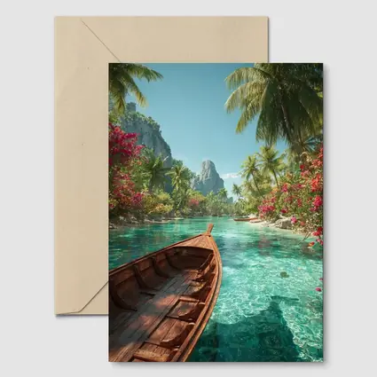 Wooden Boat Tropical Lagoon Palm Trees