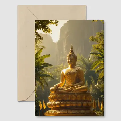 Golden Buddha Statue Tropical Forest Mountains