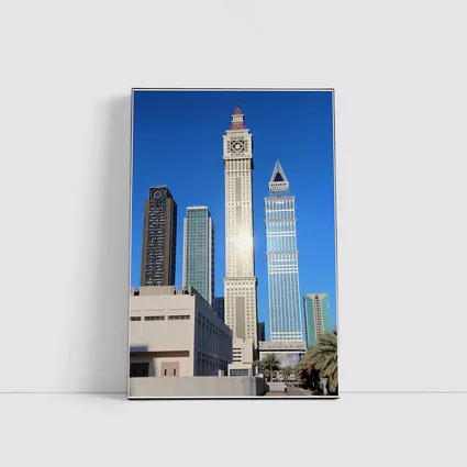 Dubai Clock Tower Skyscrapers Blue Sky