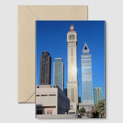 Dubai Clock Tower Skyscrapers Blue Sky