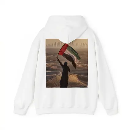 Woman Waving UAE Flag Desert Dubai Skyline
