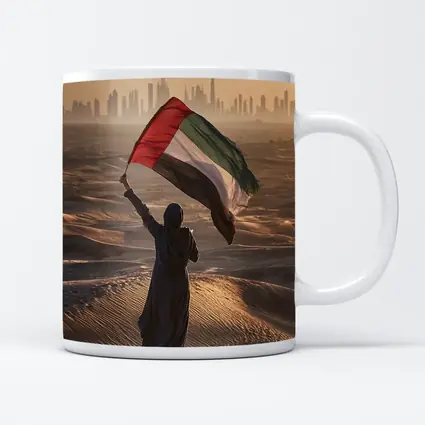 Woman Waving UAE Flag Desert Dubai Skyline