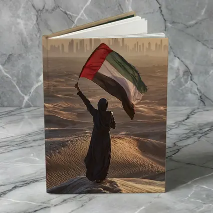 Woman Waving UAE Flag Desert Dubai Skyline
