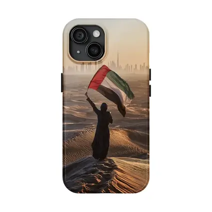 Woman Waving UAE Flag Desert Dubai Skyline