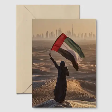 Woman Waving UAE Flag Desert Dubai Skyline