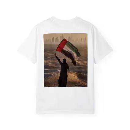Woman Waving UAE Flag Desert Dubai Skyline
