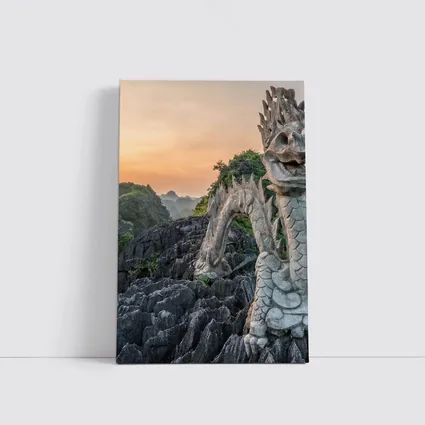 Dragon Statue Rocky Karst Mountains Sunset Vietnam