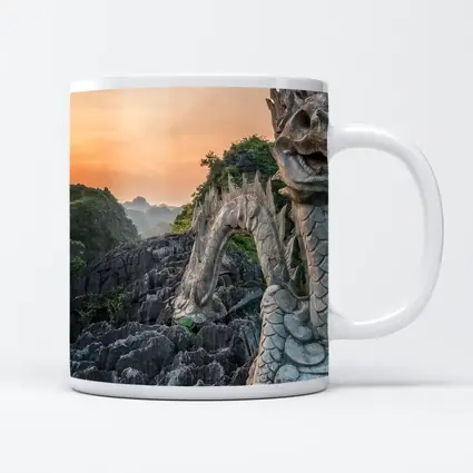 Dragon Statue Rocky Karst Mountains Sunset Vietnam