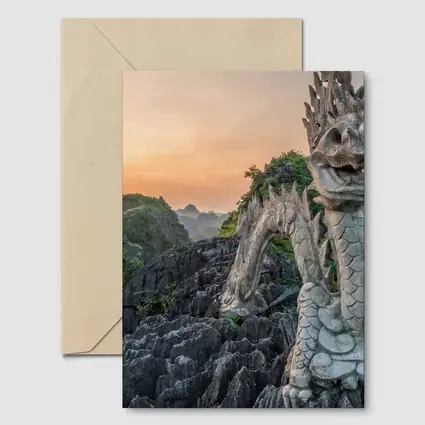 Dragon Statue Rocky Karst Mountains Sunset Vietnam