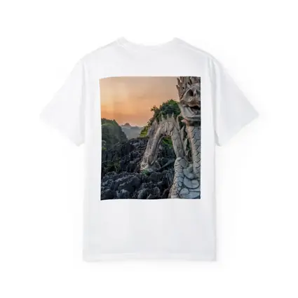 Dragon Statue Rocky Karst Mountains Sunset Vietnam