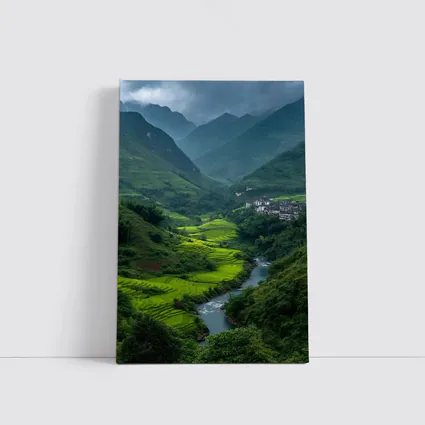 Green Rice Fields Valley Mountain River