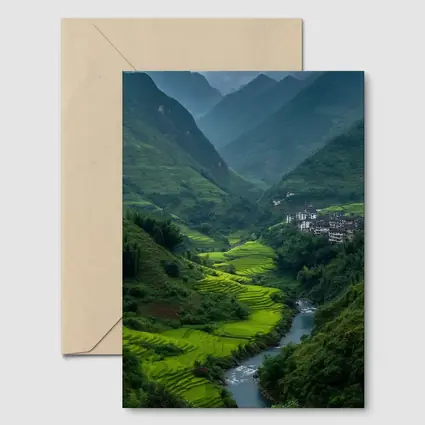 Green Rice Fields Valley Mountain River