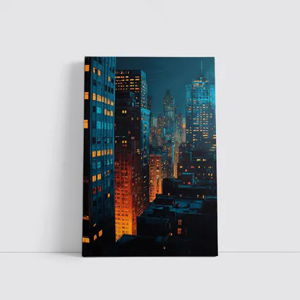 City At Night Dark Blue Skyline Painting