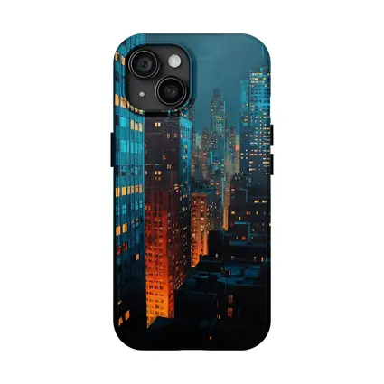 City At Night Dark Blue Skyline Painting
