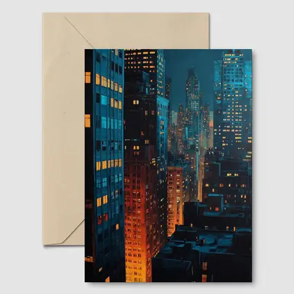 City At Night Dark Blue Skyline Painting