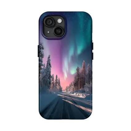 Northern Lights Over Snowy Winter Forest Road