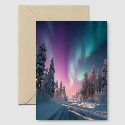 Northern Lights Over Snowy Winter Forest Road