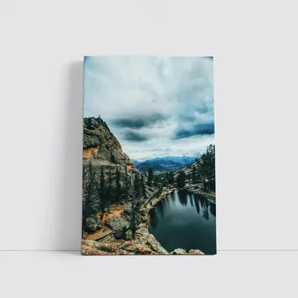Mountain Lake Rocky Cliff Cloudy Sky