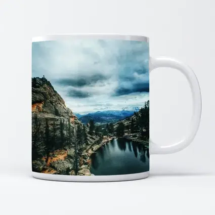 Mountain Lake Rocky Cliff Cloudy Sky