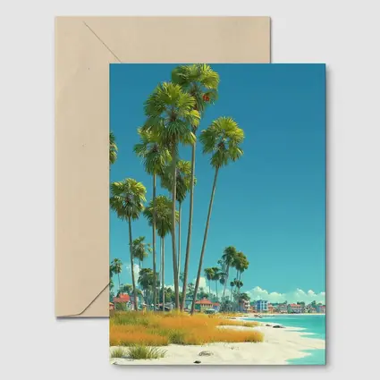 Tropical Beach Palm Trees Clear Blue Sky