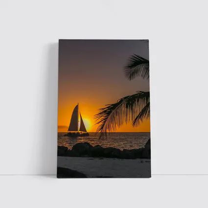 Sailboat Silhouette Golden Ocean Sunset Palm