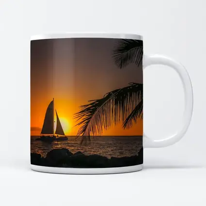 Sailboat Silhouette Golden Ocean Sunset Palm