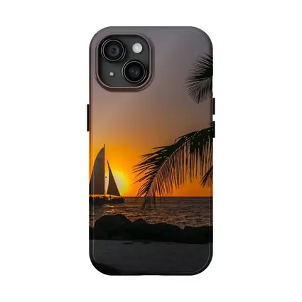 Sailboat Silhouette Golden Ocean Sunset Palm