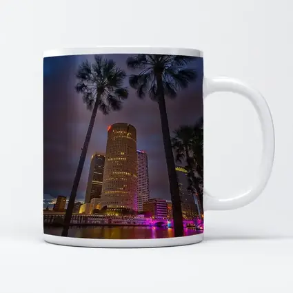 Tampa Skyline Night Palm Trees Florida
