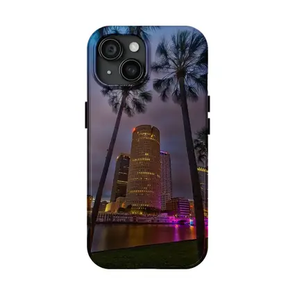 Tampa Skyline Night Palm Trees Florida