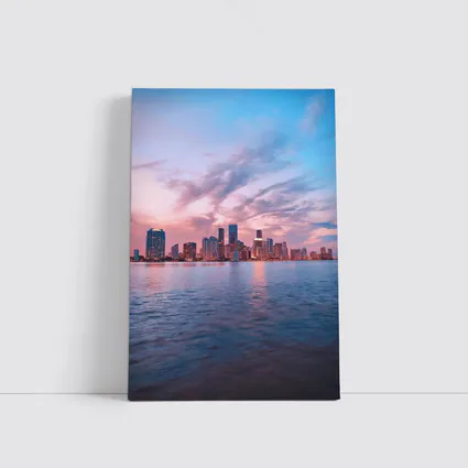 Miami Skyline Sunset Over Calm Water