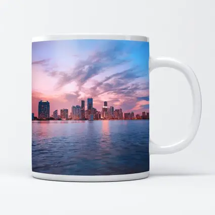 Miami Skyline Sunset Over Calm Water