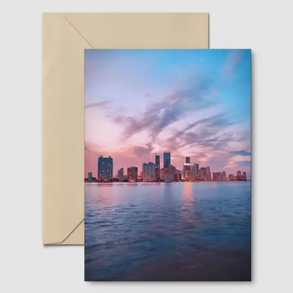 Miami Skyline Sunset Over Calm Water