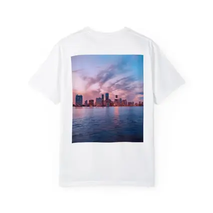Miami Skyline Sunset Over Calm Water