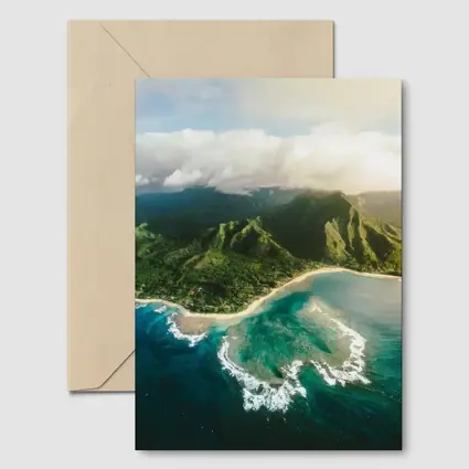 Aerial Hawaii Tropical Beach Green Mountains
