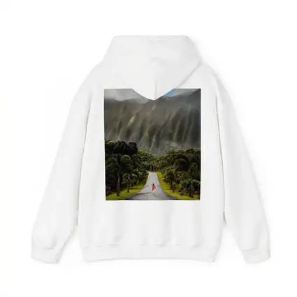 Woman Walking Road Misty Green Mountains