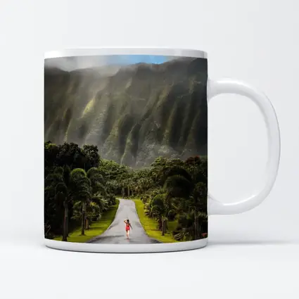 Woman Walking Road Misty Green Mountains