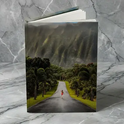 Woman Walking Road Misty Green Mountains