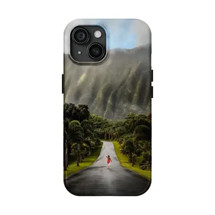Woman Walking Road Misty Green Mountains