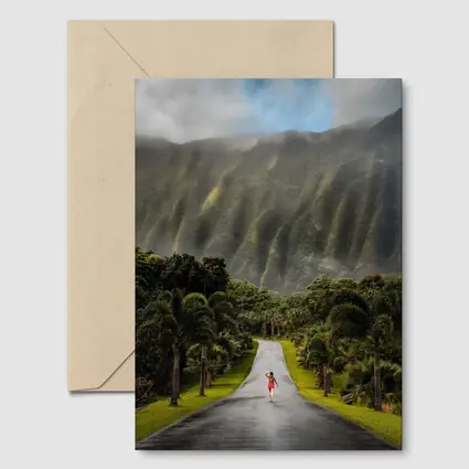 Woman Walking Road Misty Green Mountains