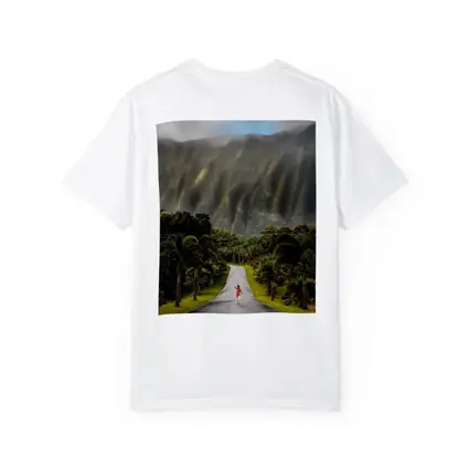 Woman Walking Road Misty Green Mountains