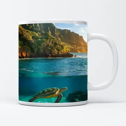 Sea Turtle Swimming Near Tropical Coastal Mountains