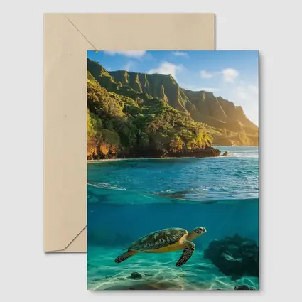 Sea Turtle Swimming Near Tropical Coastal Mountains