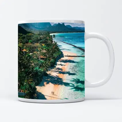 Tropical Beach Palm Shadows Turquoise Water Mountains