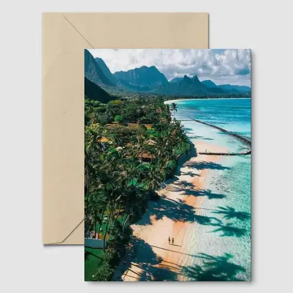 Tropical Beach Palm Shadows Turquoise Water Mountains